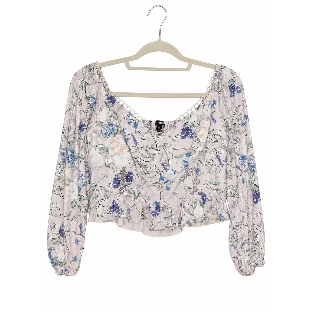 Express Floral Long Sleeve Crop Top Lavender Blue Linen Blend Smocked Back L